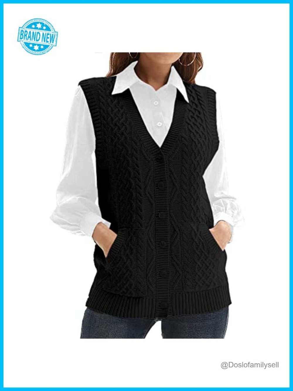 Womens Cable Knit Sweater Vest V Neck Sleeveless Button Down Cardigan